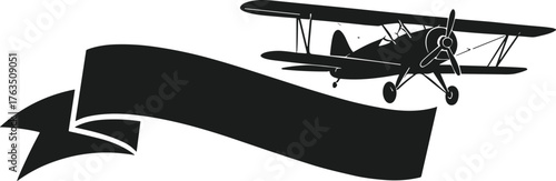 Silhouette of vintage biplane towing blank banner, aerial advertising concept, black aircraft profile, flat vector, cad drawing, flight illustration