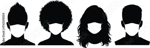 Silhouette people wearing face masks, diverse hairstyle heads, health safety concept, pandemic protection, black vector illustration, flat cad drawing