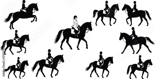 Silhouettes of horse riders in motion, equestrian posture variety, helmeted figures, black group, flat vector, cad drawing, riding illustration