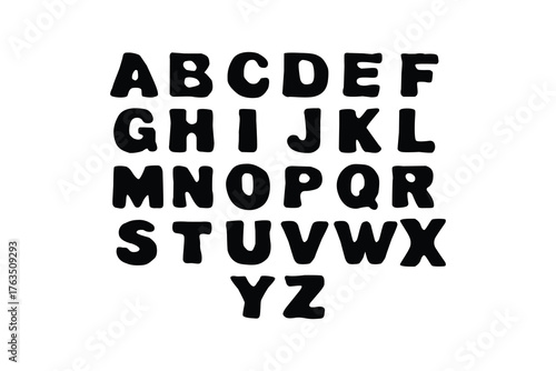 Hand-drawn bold uppercase alphabet font, playful artistic typography design, cartoon-style lettering A to Z, black chunky letters on white background, creative display typeface for poster or logo use.
