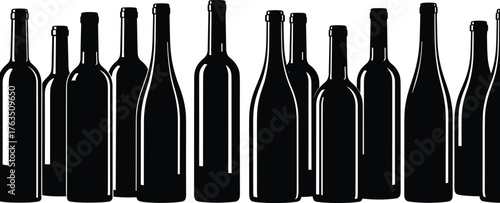 Wine bottle silhouette vector, black flat design, beverage packaging concept, alcohol container shapes, cad drawing, drink branding illustration artwork