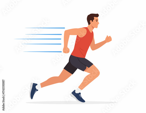A cartoon man wearing a red tank top and black shorts runs to the right with motion lines behind him on a white background.