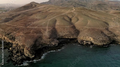 Aerial view of the the volcanic coast of the southern part of the Fuerteventura Island, Canary Islands, Spain.
