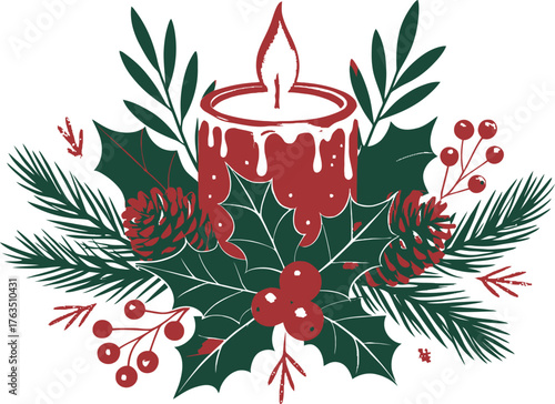 Red candle with pine needles holly berries and pine cones