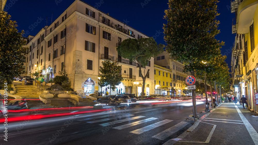 Fototapeta premium Typical medieval narrow street in beautiful town of Albano Laziale night timelapse, Italy