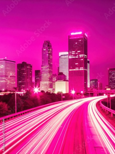 Wide-angle view of Houston skyline with Space Center Highway in background