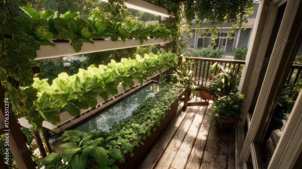 Obraz premium Sunny view of garden and backyard from porch, with layered plants and natural setting