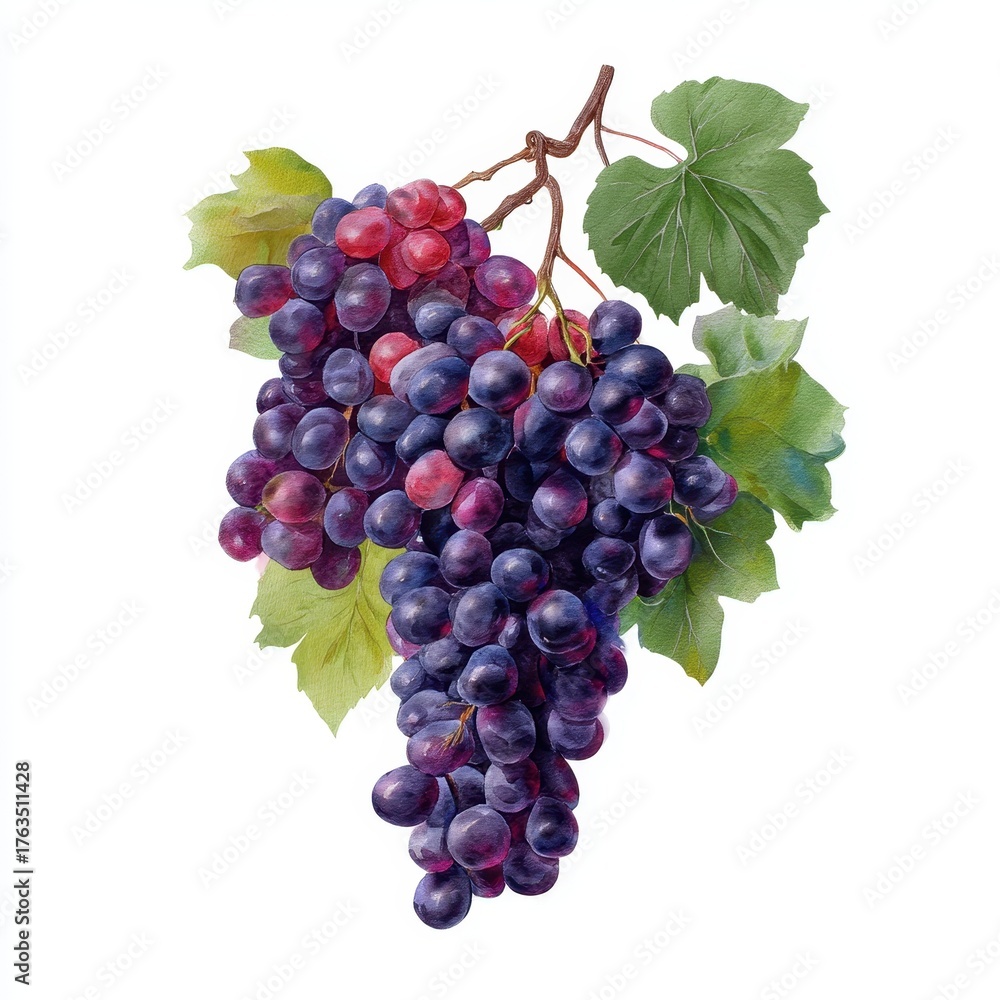 Fototapeta premium A watercolor illustration of a cluster of dark purple and red grapes with green leaves