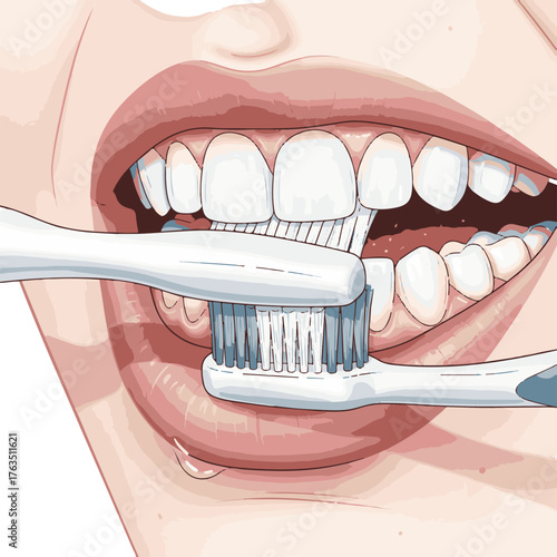 Vector Illustration of Brushing Teeth Close-Up