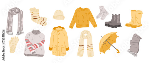 Elegant Hand Drawn Collection of Cozy Fall and Winter Clothing Items and Accessories for Seasonal Fashion and Comfort