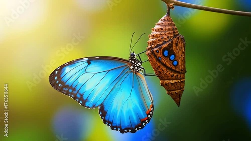 Vibrant image showing a butterfly with azure wings near a chrysalis, against a bokeh background