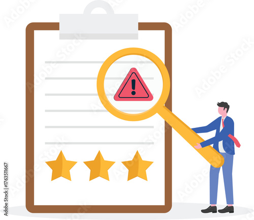 Businessman examining document with star list using magnifying glass marked with attention illustration of importance in improving business quality for competitive advantage
