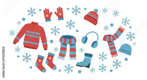 Cozy Winter Clothing and Accessories Collection with Snowflakes.