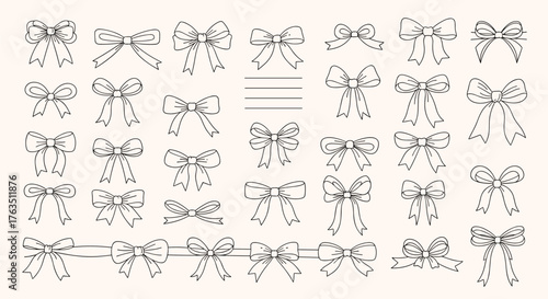Elegant collection of various bow tie designs in detailed line art.