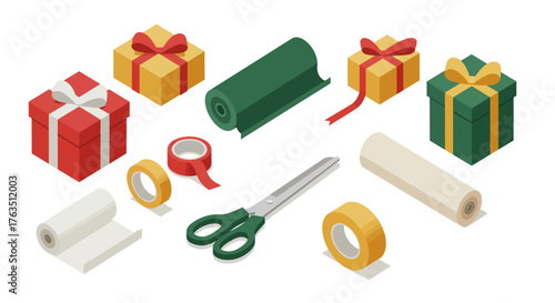 Isometric gift wrapping set with scissors, tape, and boxes