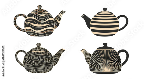 Collection of four decorative teapots with unique abstract patterns.