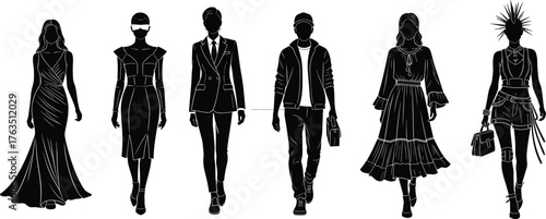 Fashion Silhouettes Vector Set – Diverse Male and Female Models in Gowns, Suits, Casual, Avant-Garde Styles for Style and Design Themes