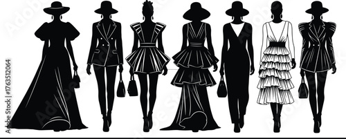 Stylized Fashion Silhouettes Vector Set – Elegant Models in High Heels, Gowns, Suits, Accessories for Runway, Style, and Design Themes