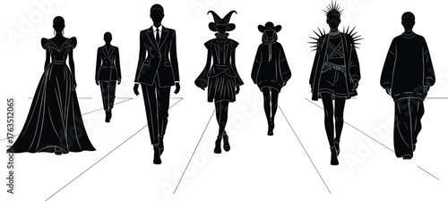 Runway Fashion Silhouettes Vector Set – Models in Dramatic Outfits, Suits, Gowns, Costumes for Style, Couture, and Editorial Themes