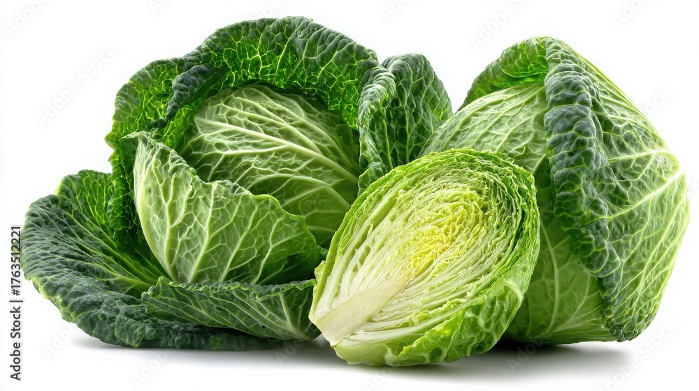 Fototapeta premium Fresh and Crunchy Green Cabbages on White Background Perfect for Healthy Recipes and Culinary Artwork Showing Organic Vegetables and Vibrant Colors