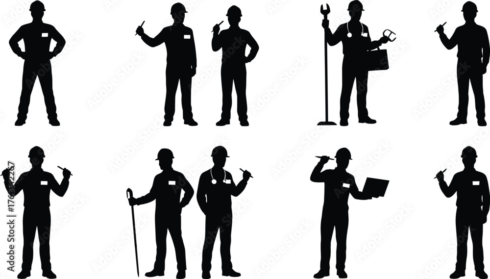 Obraz premium Industrial Worker Silhouettes Vector Set – Technicians, Engineers, Mechanics with Tools, Hard Hats, Clipboards for Vocational, Safety, and Labor Themes
