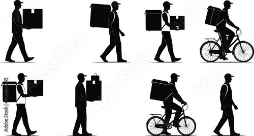 Delivery Worker Silhouettes Vector Set – Couriers Walking and Cycling with Boxes and Bags for Logistics, Transportation, and Urban Service Themes