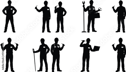Industrial Worker Silhouettes Vector Set – Technicians, Engineers, Mechanics with Tools, Hard Hats, Clipboards for Vocational, Safety, and Labor Themes