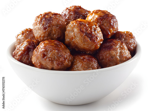 Bowl filled with browned meatball appetizers, crispy texture and savory glaze, close-up, isolated on white background.