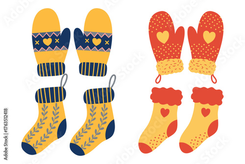 Cute winter mittens and socks element set. Suitable for clip art, stickers, flat design illustration, etc
