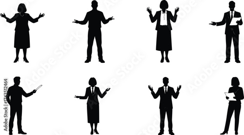 Business Professional Silhouettes Vector Set – Formal Poses with Gestures, Clipboard, Pointer for Corporate, Presentation, Leadership, and Training Themes