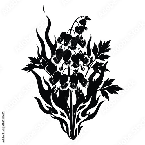 Bleeding Heart Flowers Black and White Silhouette Graphic Illustration