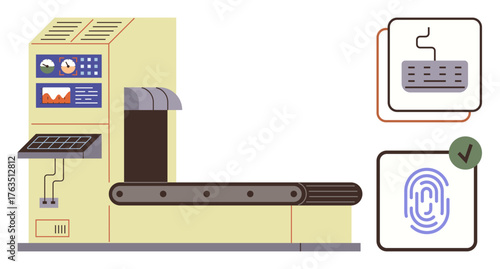 Industrial conveyor with control panel, biometric fingerprint reader, and keypad interface. Ideal for automation, authentication, production, technology, security industry and efficiency. Simple