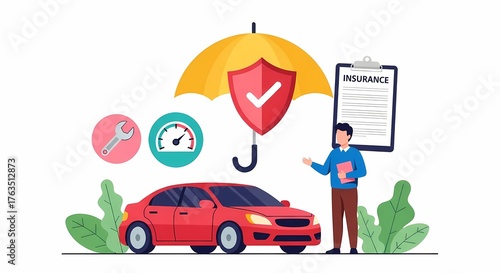 A professional illustration of a red car being insured with an umbrella symbolizing protection, highlighting key insurance aspects, including tools and paperwork for a secure driving experience.