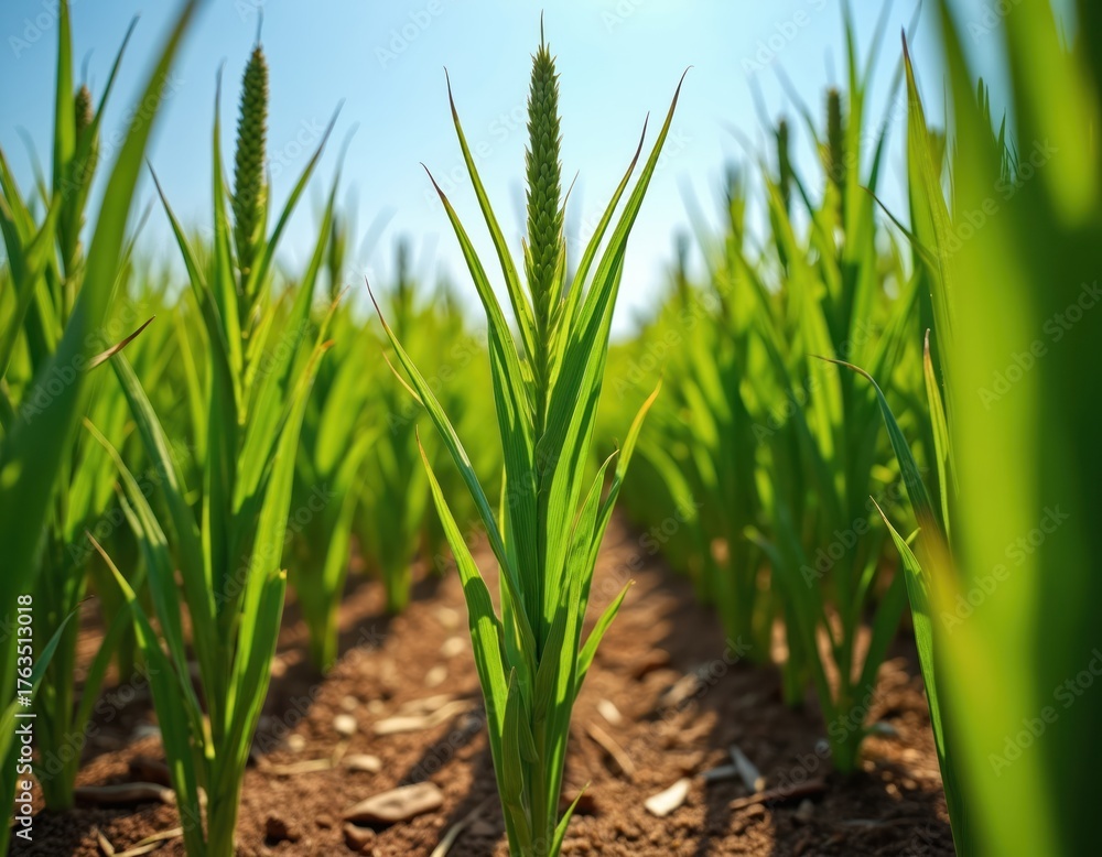 Fototapeta premium Finger millet plants grow in rows under a bright sun. Close up photo presents green plants. Cereal crop field cultivation outdoors in sunlight. Agricultural concept.