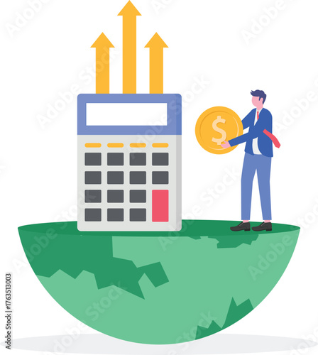 Businessman stacking coins on half a globe with a calculator illustration of financial business investment risk calculation global scale
