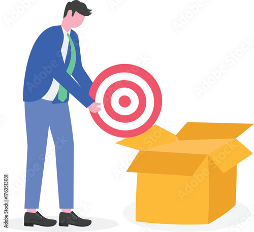 Businessman placing target board into box labeled target illustration of completing business goals
