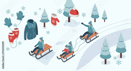 Winter fun: family sledding and cozy clothing in a snowy forest