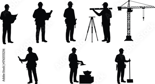 Construction Worker Silhouettes and Crane Vector Set – Tools, Labor Roles, Surveying, Bricklaying, Planning, Industrial Site Icons for Design