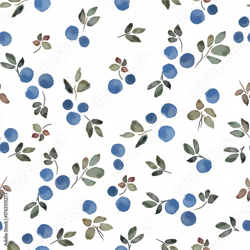 Seamless watercolor textured print featuring blueberries on a light background.
