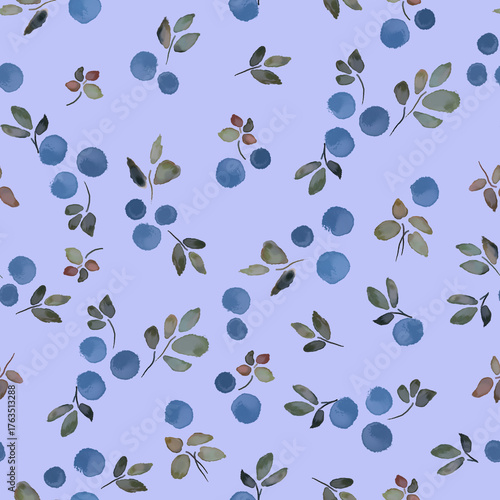 Seamless watercolor textured print featuring blueberries on a light background.

