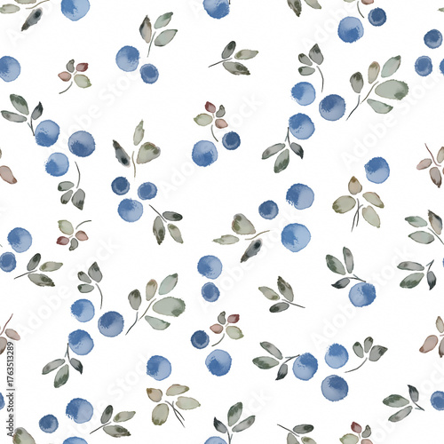 Seamless watercolor textured print featuring blueberries on a light background.
