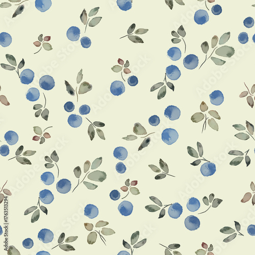 Seamless watercolor textured print featuring blueberries on a light background.
