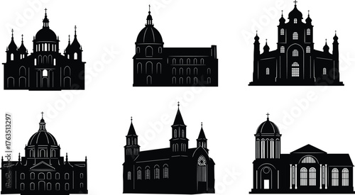 Church and Cathedral Silhouette Vector Set Featuring Global Religious Architecture Styles – Gothic, Baroque, Orthodox, Renaissance, Minimal Icons