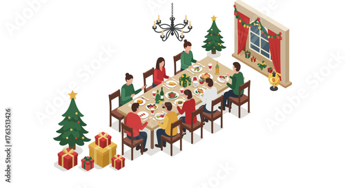 Festive christmas dinner scene with family and holiday decorations in isometr…