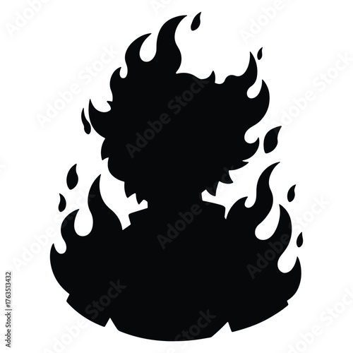 Silhouette of a person surrounded by flames on a white background