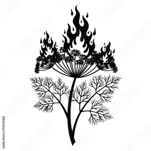 Silhouette of dill plant engulfed in flames conceptual vector illustration