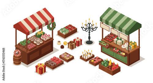 Festive market stalls with holiday treats and gifts in isometric style