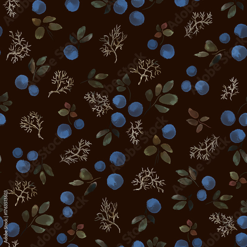 Seamless watercolor textured print with blueberries on a dark background.