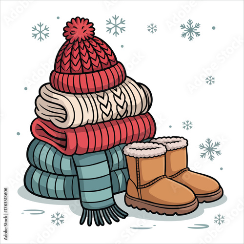 Winter clothing stack with hat and boots