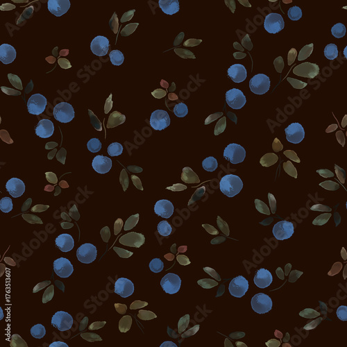 Seamless watercolor textured print with blueberries on a dark background.